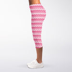 Pink And White Zigzag Pattern Print Women's Capri Leggings