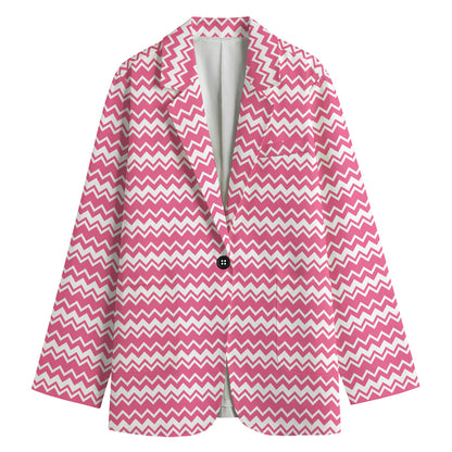 Pink And White Zigzag Pattern Print Women's Cotton Blazer