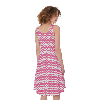 Pink And White Zigzag Pattern Print Women's Sleeveless Dress