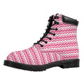Pink And White Zigzag Pattern Print Padded Collar Lace Up Boots