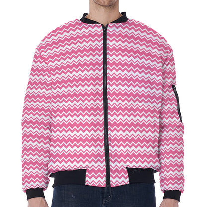 Pink And White Zigzag Pattern Print Zip Sleeve Bomber Jacket