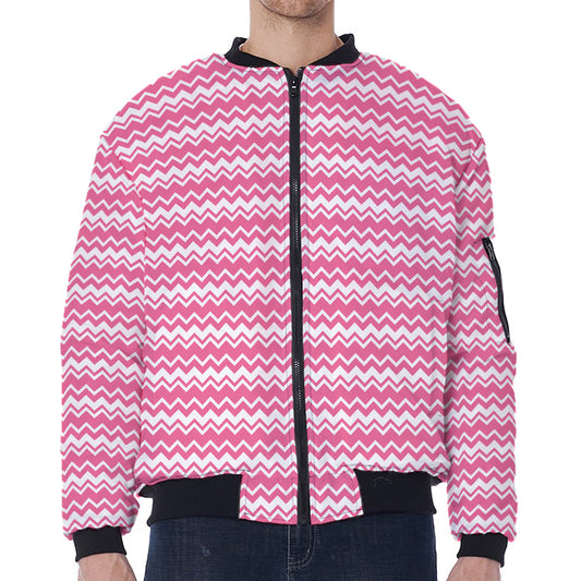 Pink And White Zigzag Pattern Print Zip Sleeve Bomber Jacket
