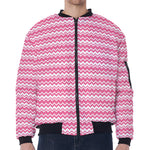 Pink And White Zigzag Pattern Print Zip Sleeve Bomber Jacket