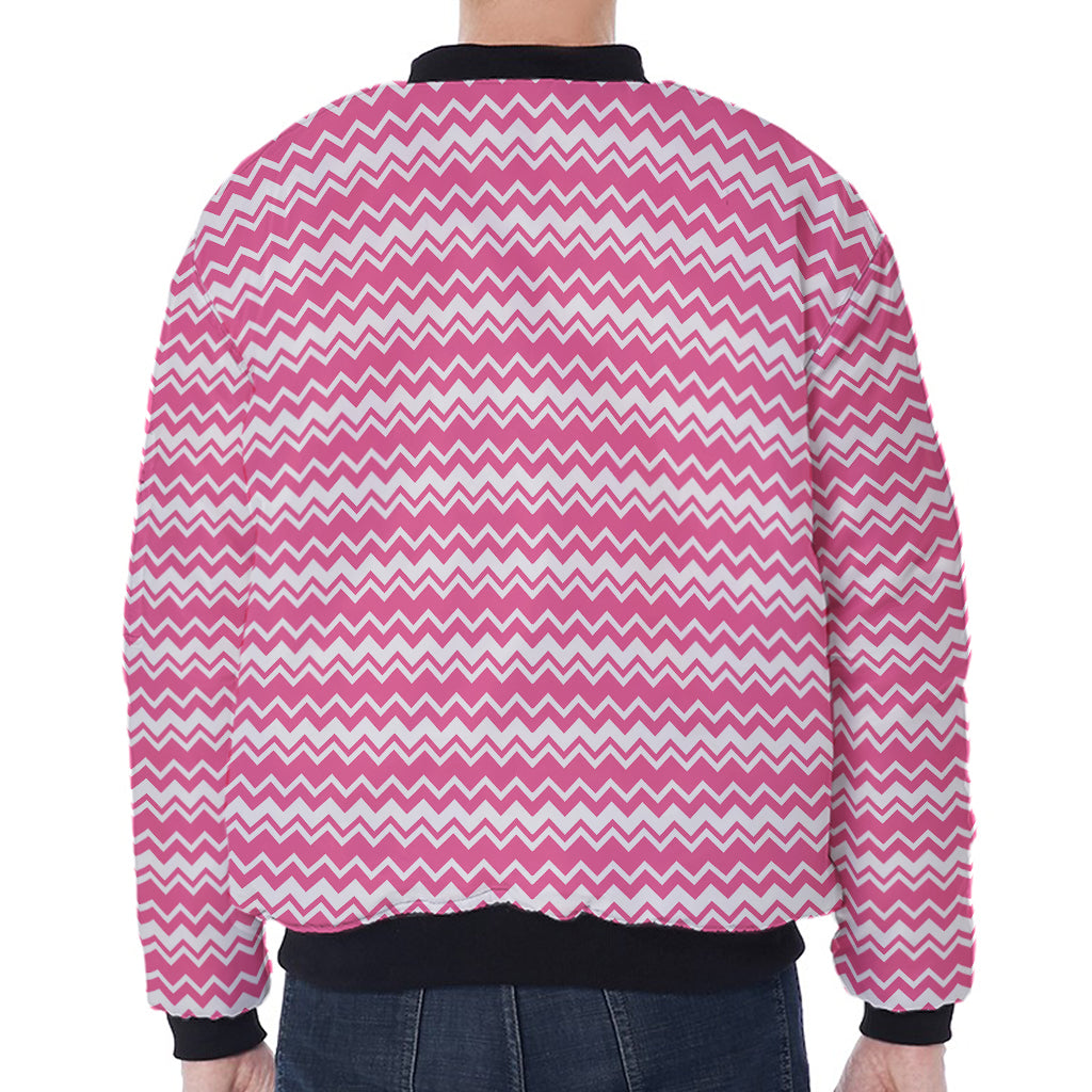Pink And White Zigzag Pattern Print Zip Sleeve Bomber Jacket