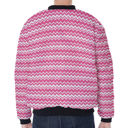 Pink And White Zigzag Pattern Print Zip Sleeve Bomber Jacket