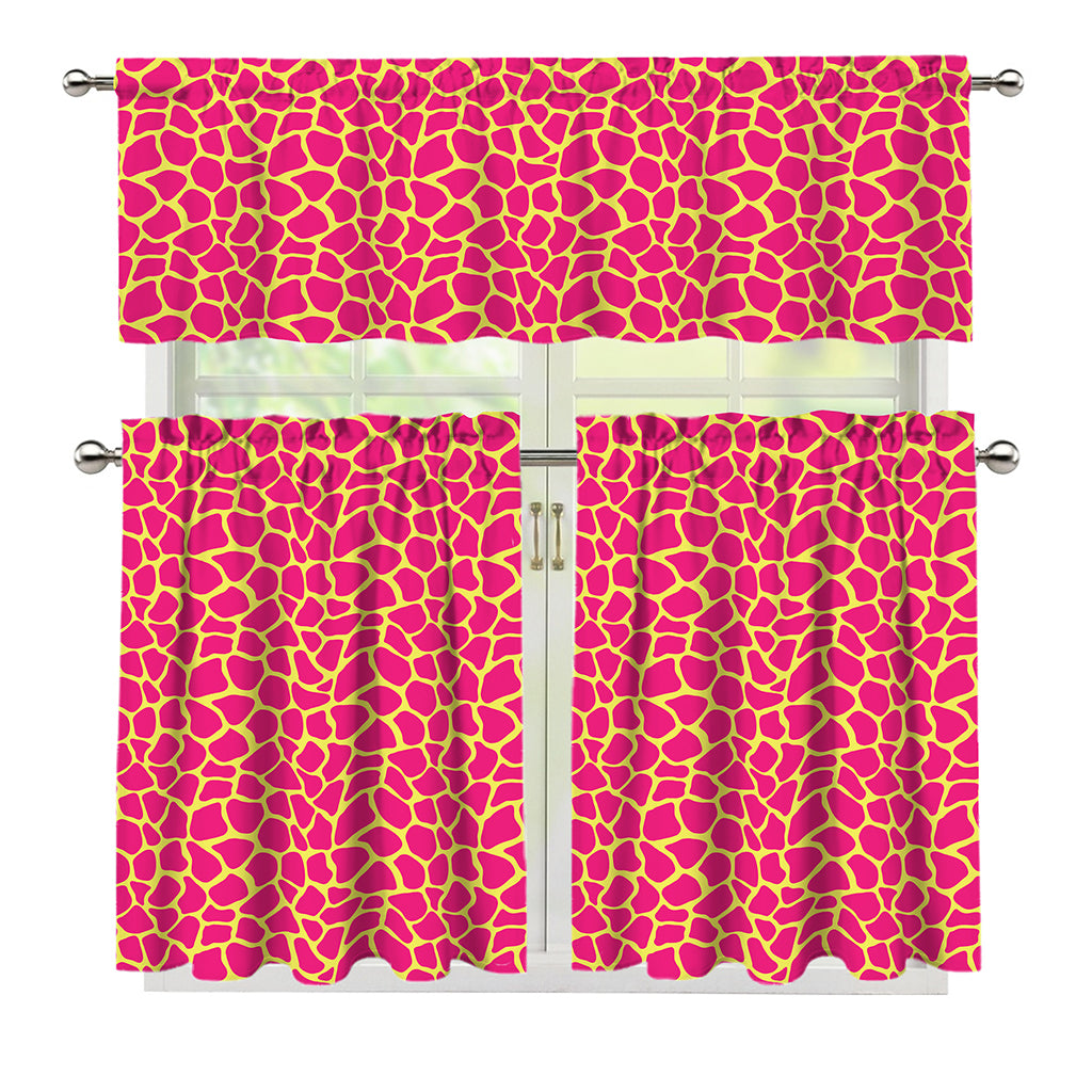 Pink And Yellow Giraffe Pattern Print 3 Piece Kitchen Curtains