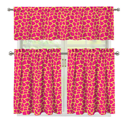 Pink And Yellow Giraffe Pattern Print 3 Piece Kitchen Curtains