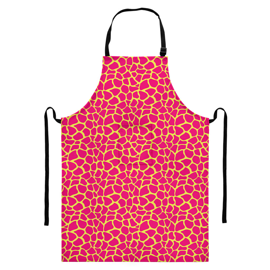 Pink And Yellow Giraffe Pattern Print Bib Apron With Pocket