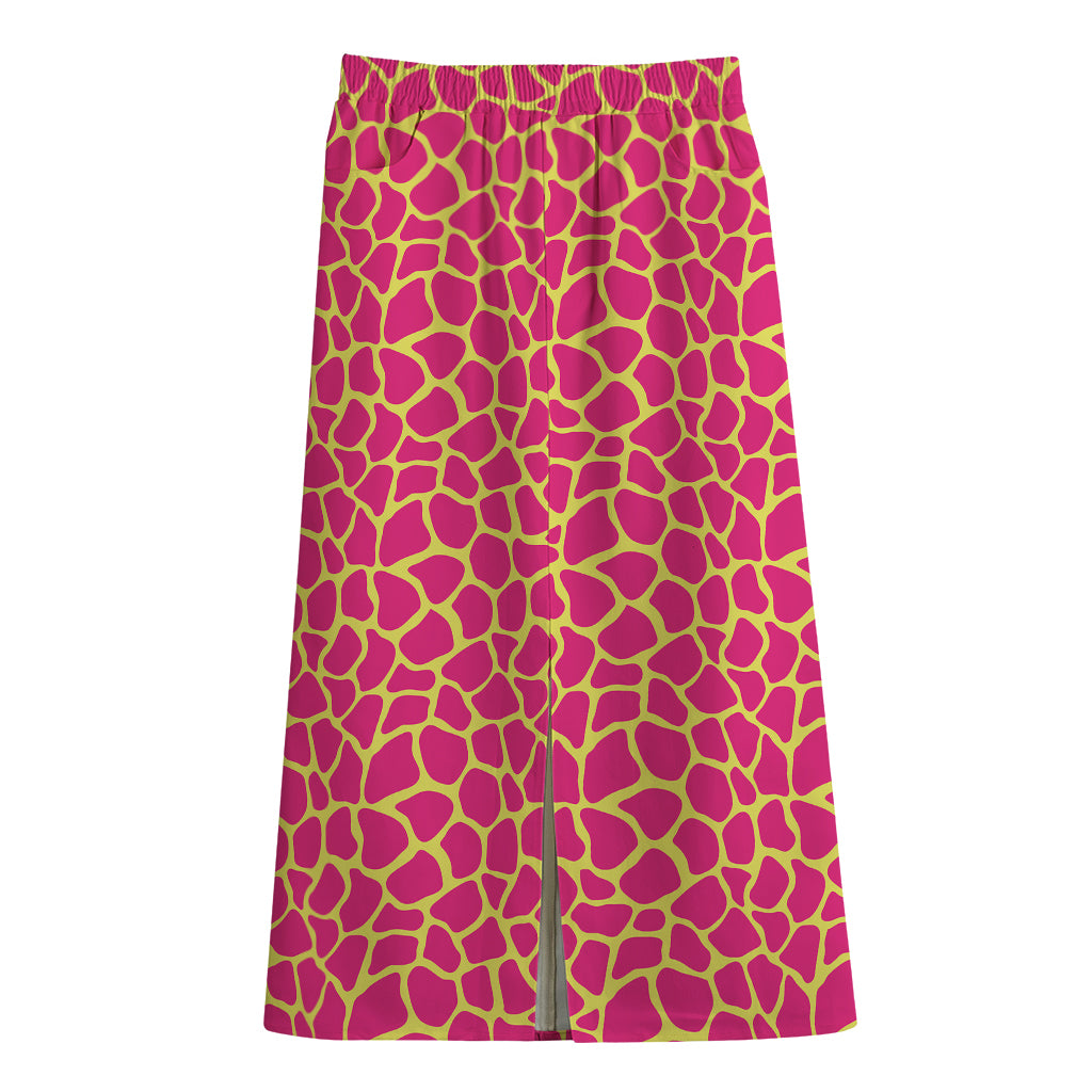 Pink And Yellow Giraffe Pattern Print Cotton Front Slit Maxi Skirt