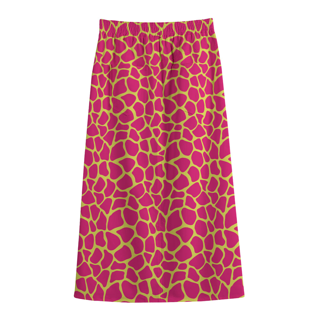 Pink And Yellow Giraffe Pattern Print Cotton Front Slit Maxi Skirt