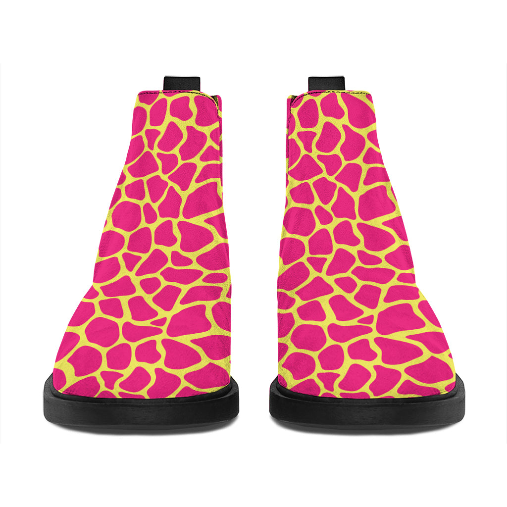 Pink And Yellow Giraffe Pattern Print Flat Ankle Boots