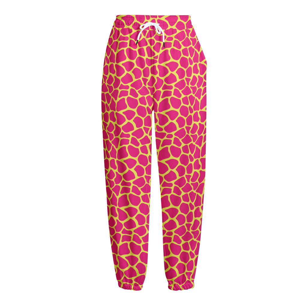 Pink And Yellow Giraffe Pattern Print Fleece Lined Knit Pants