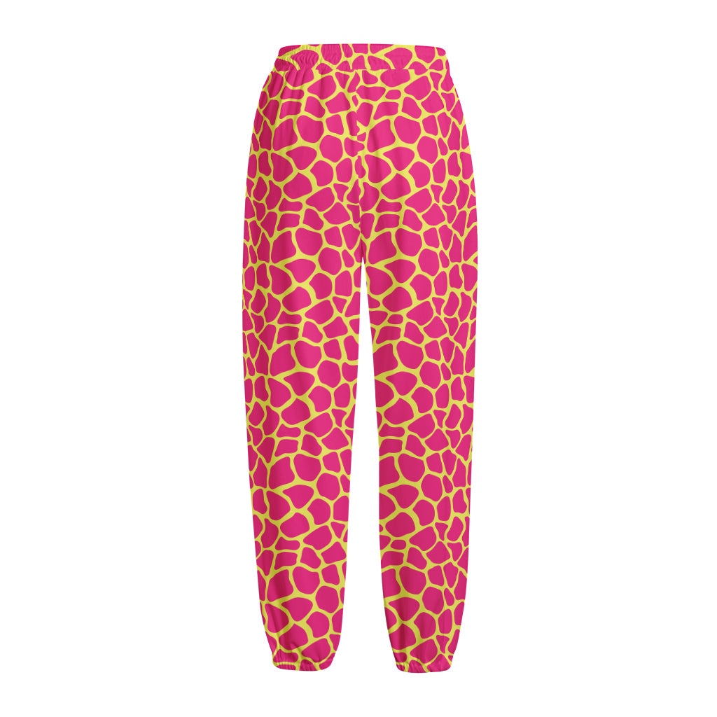 Pink And Yellow Giraffe Pattern Print Fleece Lined Knit Pants