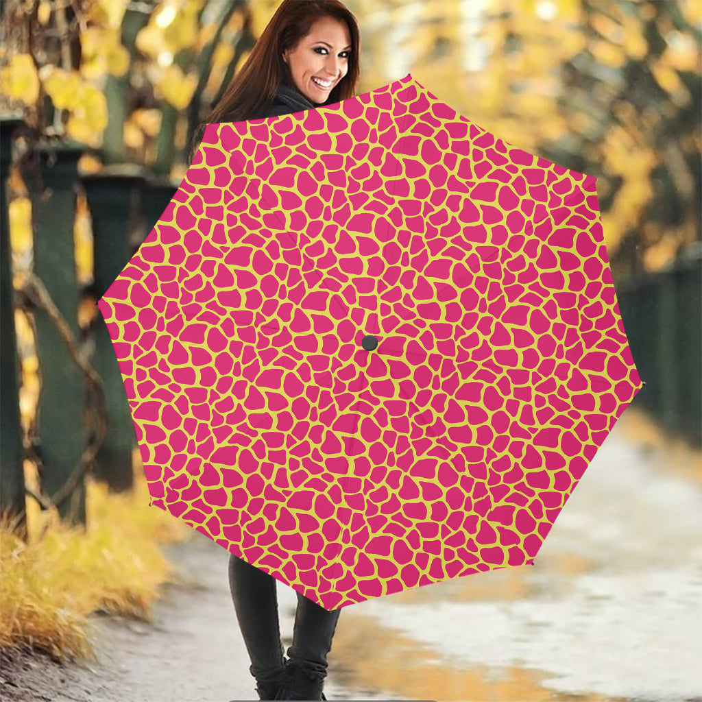 Pink And Yellow Giraffe Pattern Print Foldable Umbrella