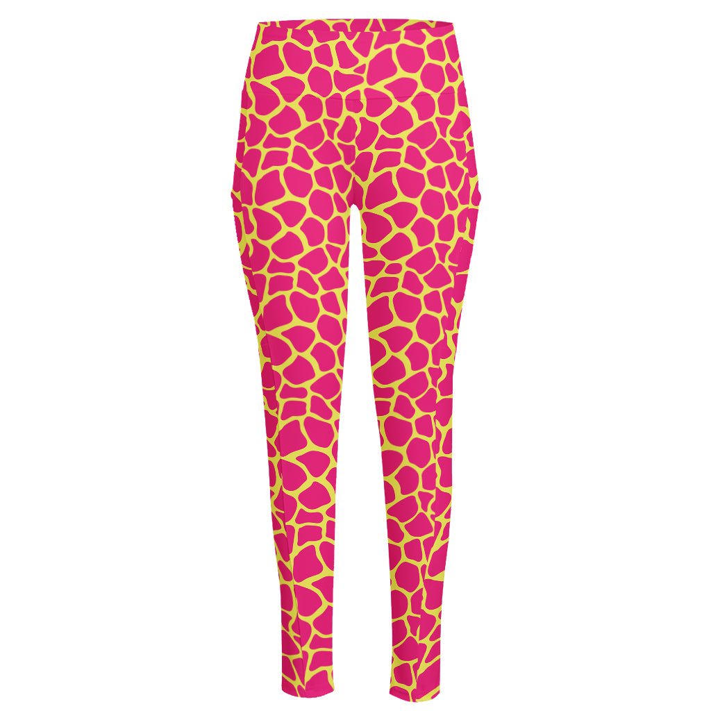 Pink And Yellow Giraffe Pattern Print High-Waisted Pocket Leggings