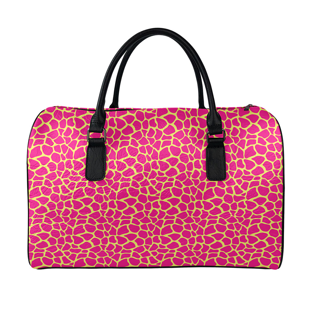 Pink And Yellow Giraffe Pattern Print Leather Duffle Bag