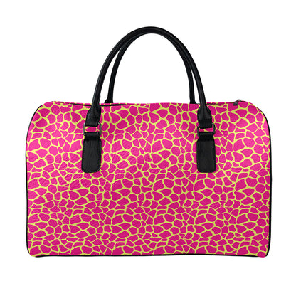 Pink And Yellow Giraffe Pattern Print Leather Duffle Bag