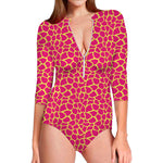 Pink And Yellow Giraffe Pattern Print Long Sleeve Swimsuit