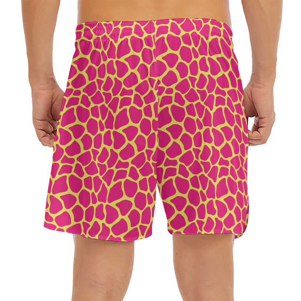 Pink And Yellow Giraffe Pattern Print Men's Split Running Shorts