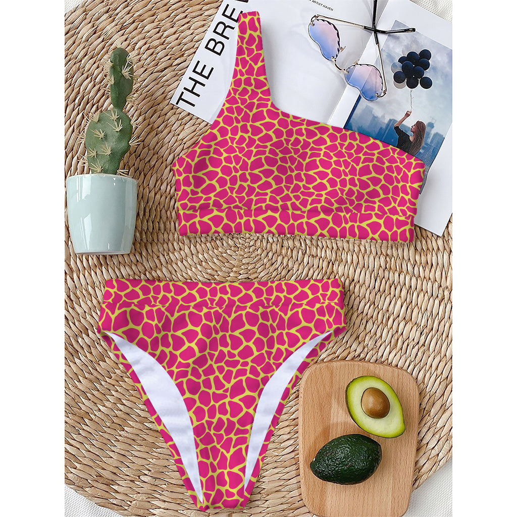 Pink And Yellow Giraffe Pattern Print One Shoulder Bikini Top