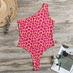 Pink And Yellow Giraffe Pattern Print One Shoulder Bodysuit