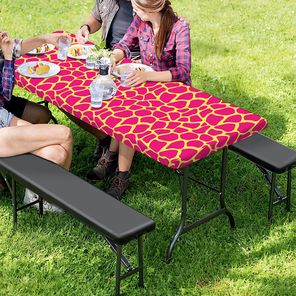 Pink And Yellow Giraffe Pattern Print Picnic Table Cover