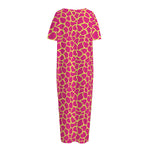 Pink And Yellow Giraffe Pattern Print Short Sleeve Long Nightdress