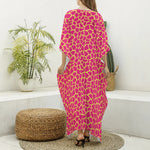 Pink And Yellow Giraffe Pattern Print Silk V-Neck Kaftan Dress