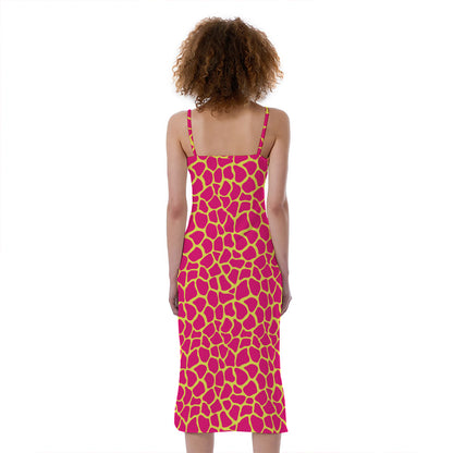 Pink And Yellow Giraffe Pattern Print Slim Fit Midi Cami Dress