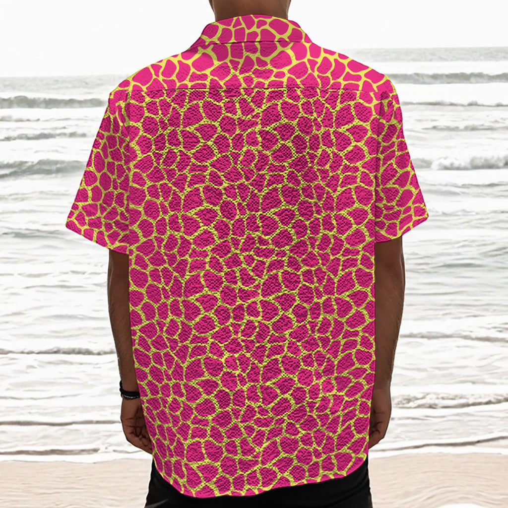 Pink And Yellow Giraffe Pattern Print Textured Short Sleeve Shirt