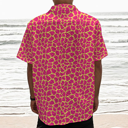 Pink And Yellow Giraffe Pattern Print Textured Short Sleeve Shirt