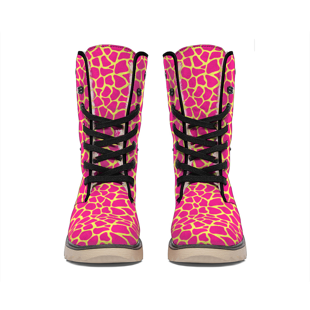 Pink And Yellow Giraffe Pattern Print Winter Boots