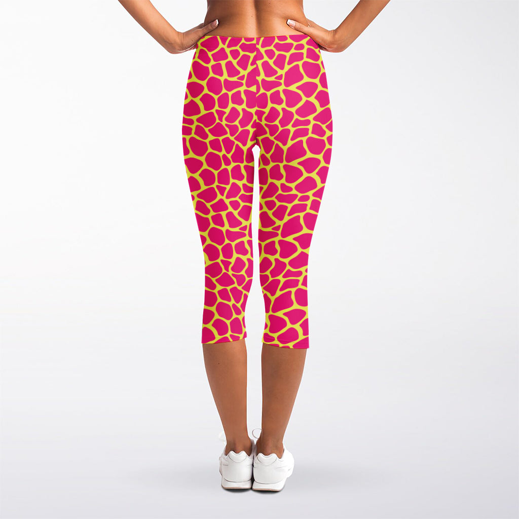 Pink And Yellow Giraffe Pattern Print Women's Capri Leggings