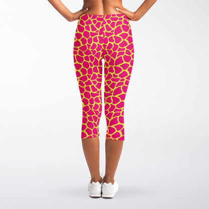 Pink And Yellow Giraffe Pattern Print Women's Capri Leggings