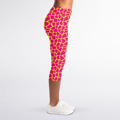 Pink And Yellow Giraffe Pattern Print Women's Capri Leggings
