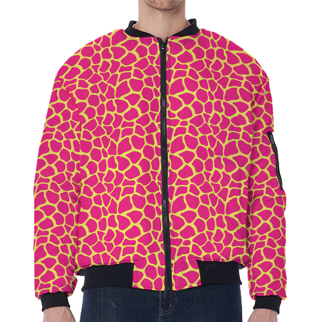 Pink And Yellow Giraffe Pattern Print Zip Sleeve Bomber Jacket