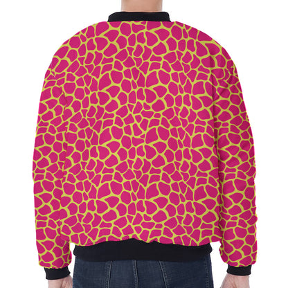 Pink And Yellow Giraffe Pattern Print Zip Sleeve Bomber Jacket