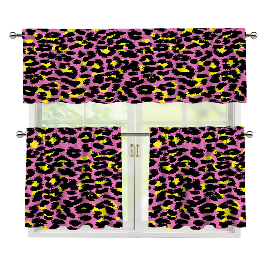 Pink And Yellow Leopard Print 3 Piece Kitchen Curtains