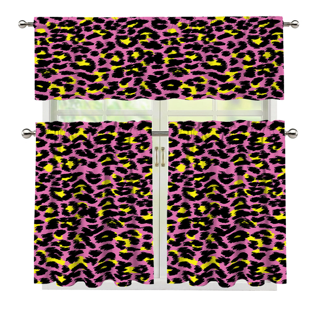 Pink And Yellow Leopard Print 3 Piece Kitchen Curtains