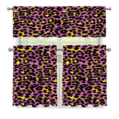 Pink And Yellow Leopard Print 3 Piece Kitchen Curtains
