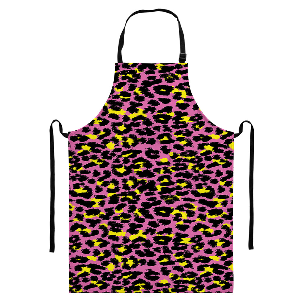 Pink And Yellow Leopard Print Bib Apron With Pocket