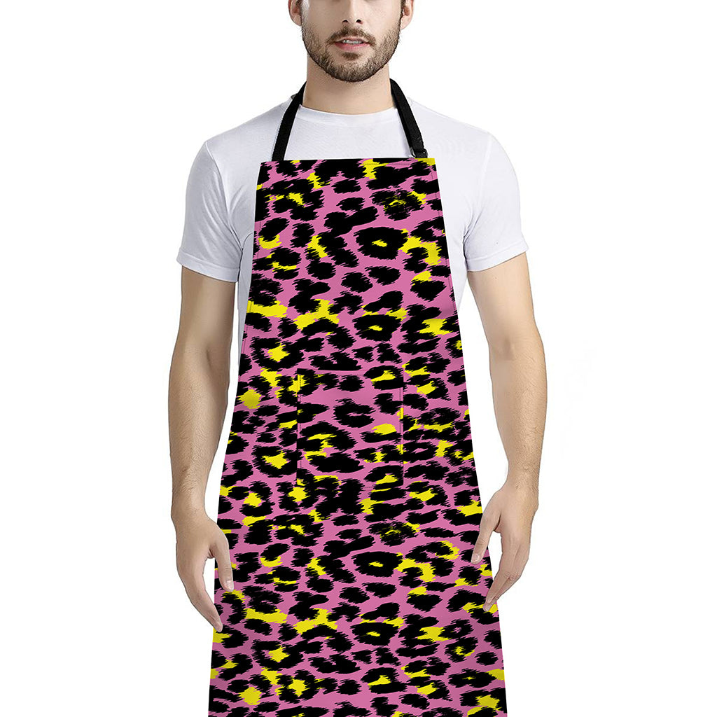 Pink And Yellow Leopard Print Bib Apron With Pocket