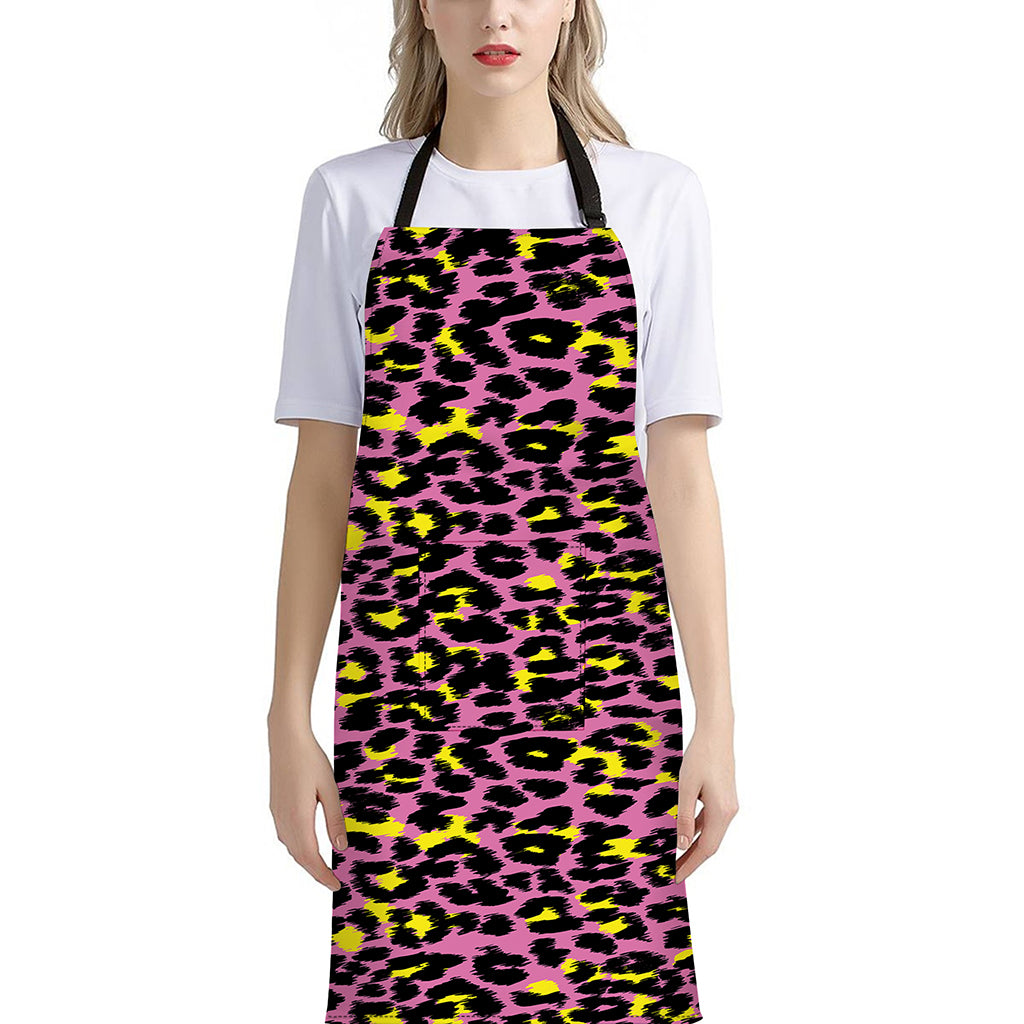 Pink And Yellow Leopard Print Bib Apron With Pocket