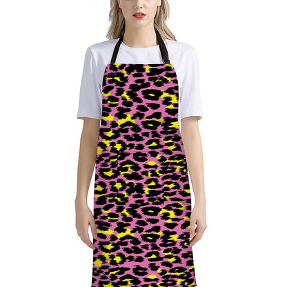 Pink And Yellow Leopard Print Bib Apron With Pocket