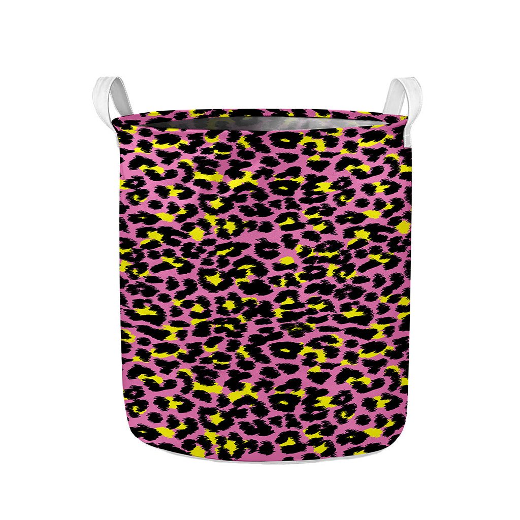 Pink And Yellow Leopard Print Collapsible Laundry Basket