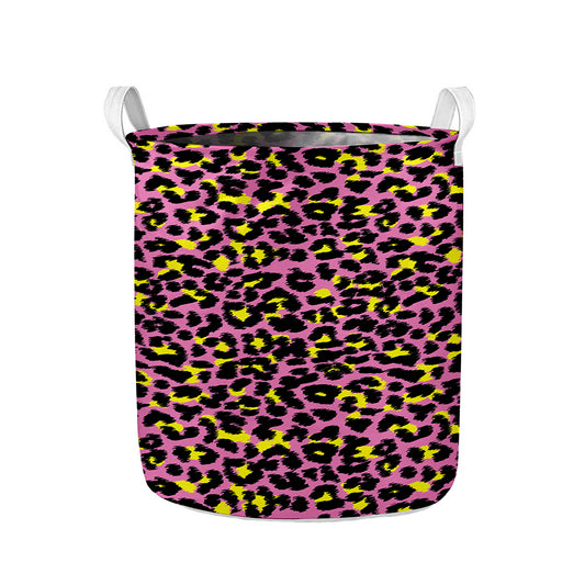 Pink And Yellow Leopard Print Collapsible Laundry Basket
