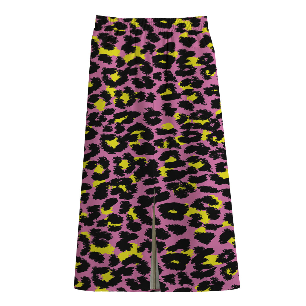 Pink And Yellow Leopard Print Cotton Front Slit Maxi Skirt