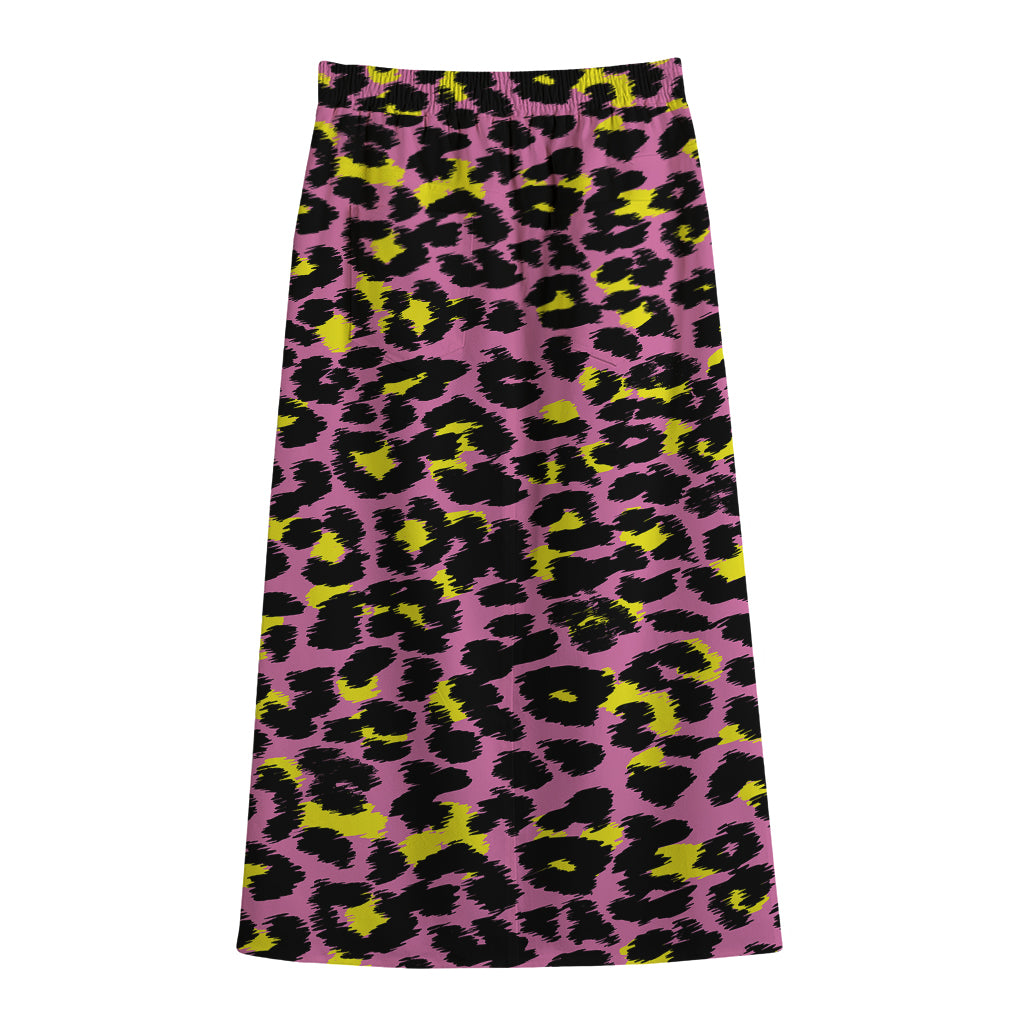 Pink And Yellow Leopard Print Cotton Front Slit Maxi Skirt