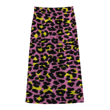 Pink And Yellow Leopard Print Cotton Front Slit Maxi Skirt