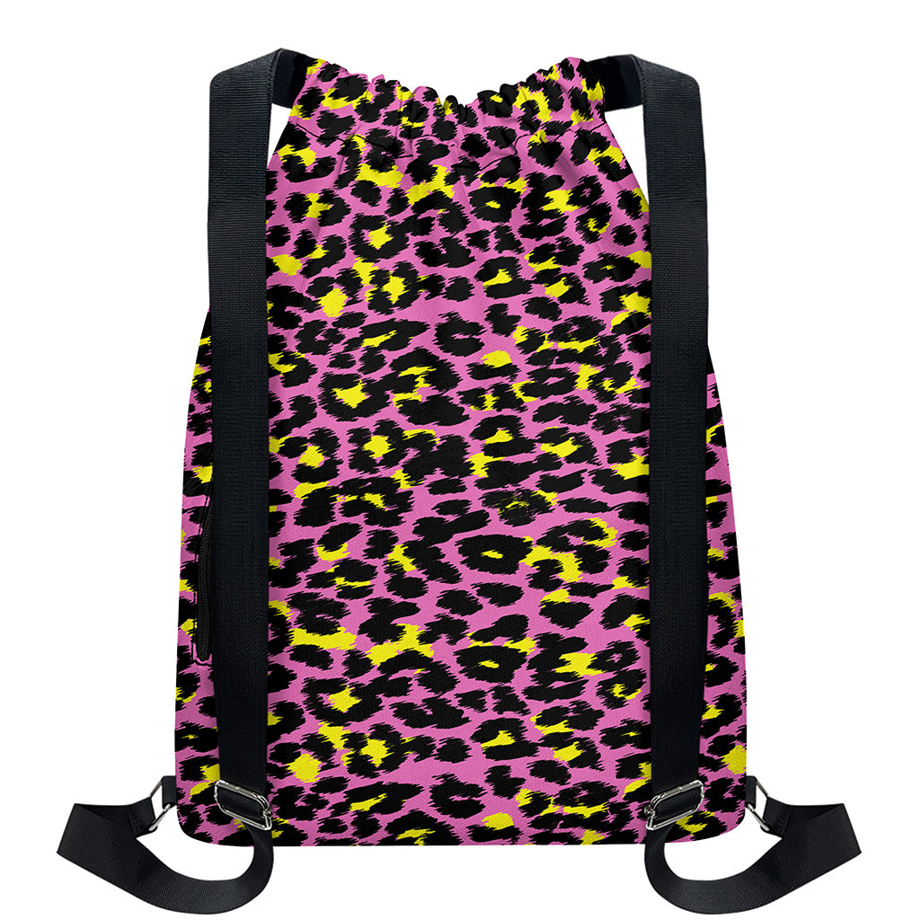 Pink And Yellow Leopard Print Drawstring Backpack